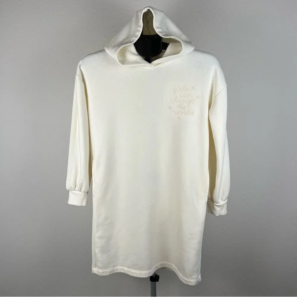 Old Navy Youths Hoodie Dress‎ Girls Can Change The World Cream Fleece XL